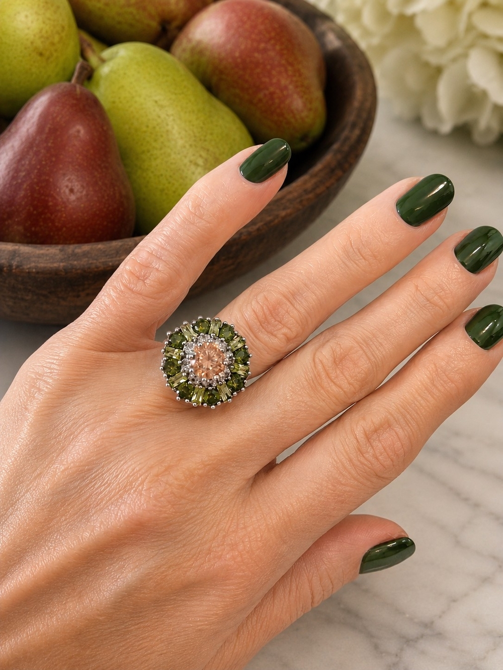 Green Tourmaline Halo Ring with Amber Color Center -  .925 Sterling  Sz 11